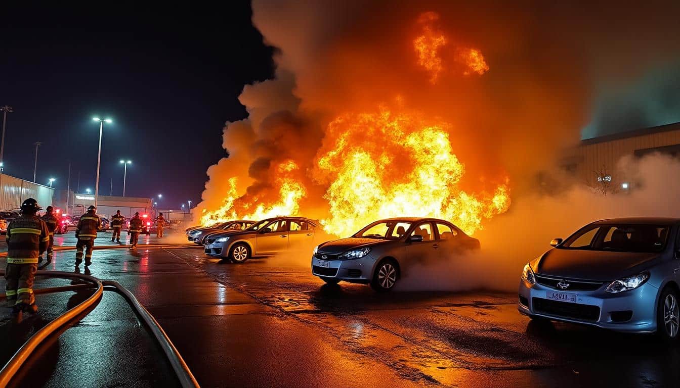 découvrez les images impressionnantes de l'incendie spectaculaire ayant détruit 47 véhicules. un drame saisissant qui a marqué les esprits.