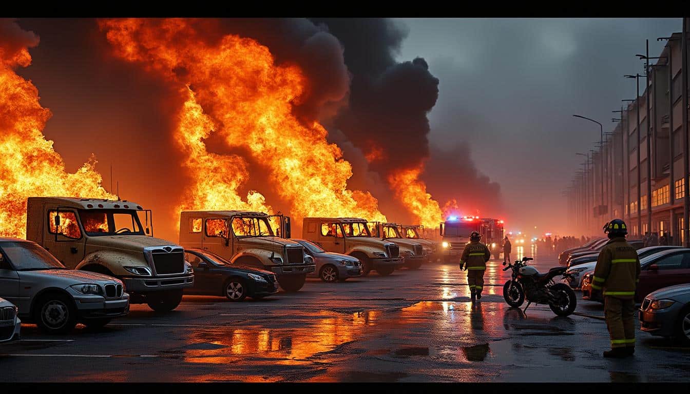 un incendie spectaculaire détruit 47 véhicules. découvrez des images saisissantes qui illustrent l'ampleur de ce drame impressionnant.
